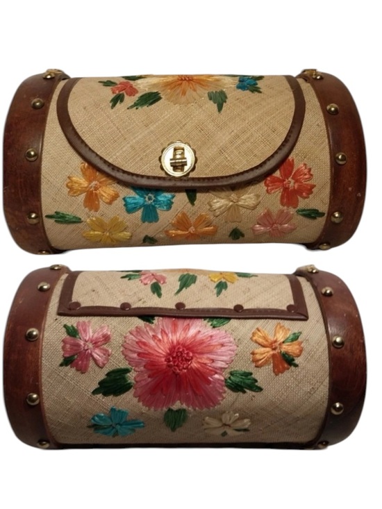 Bags By Whidby Inc. Handbags - Vintage Floral Embroidered Raffia & Wooden Barrel Bag ~ Bags By Whidby Inc.